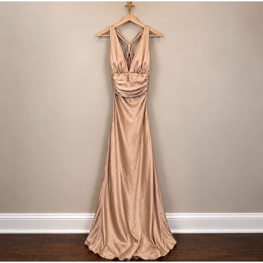 Vintage Rubber Ducky Productions Silk Gown Champagne Gold V-Neck Maxi Dress S